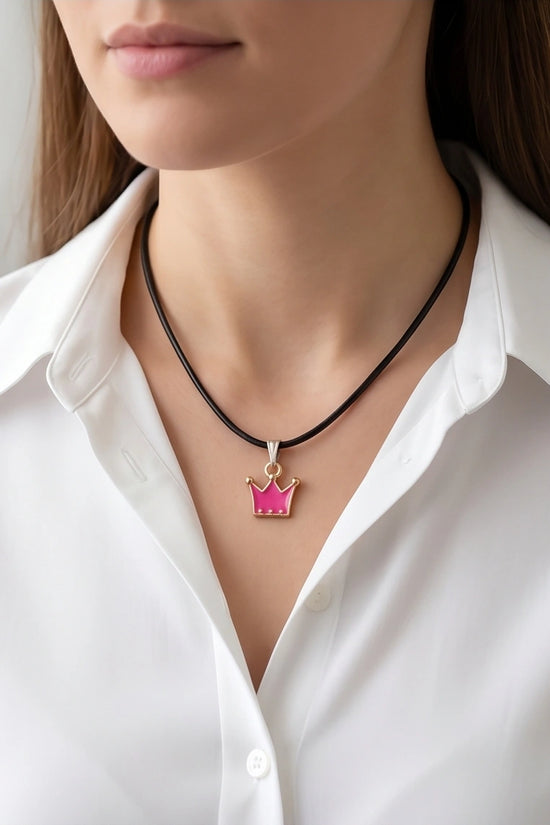 Gold and Pink Crown Pendant Necklace