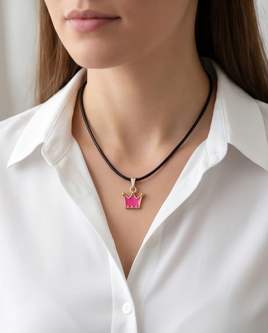 Gold and Pink Crown Pendant Necklace