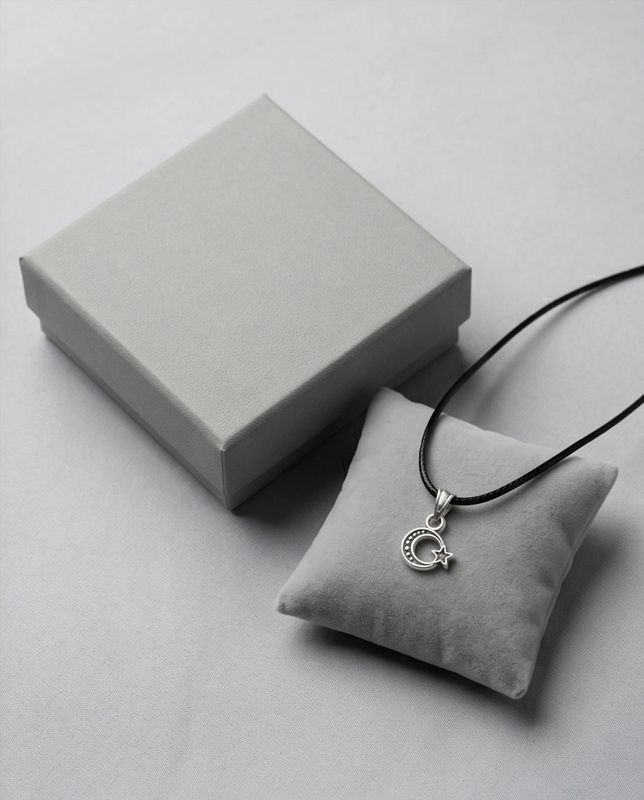 Silver Celestial Crescent Moon and Star Necklace