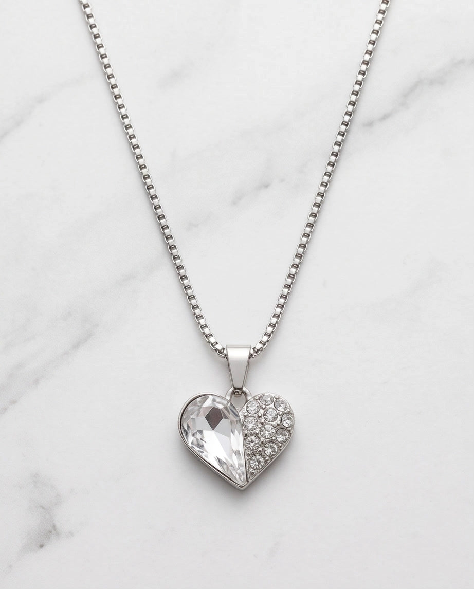 Silver Clear Crystal Heart Pavé Pendant Necklace