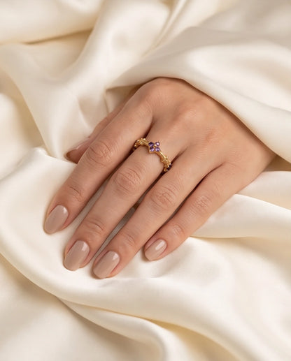 Gold Textured Floral Purple Gemstone Eternity Ring