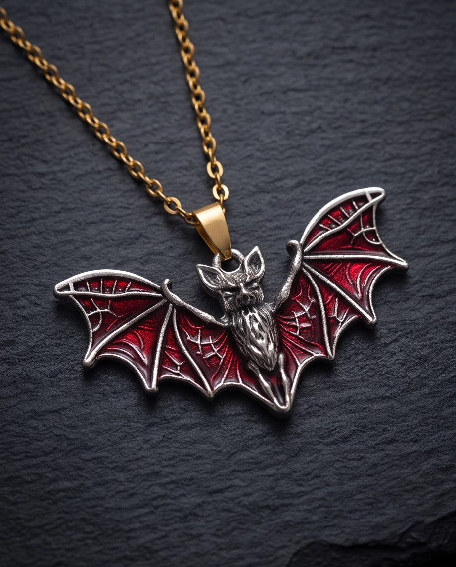 Silver Red Enamel Flying Bat Pendant Necklace
