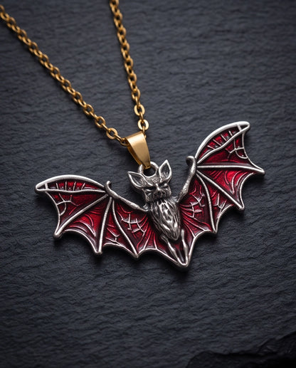 Silver Red Enamel Flying Bat Pendant Necklace