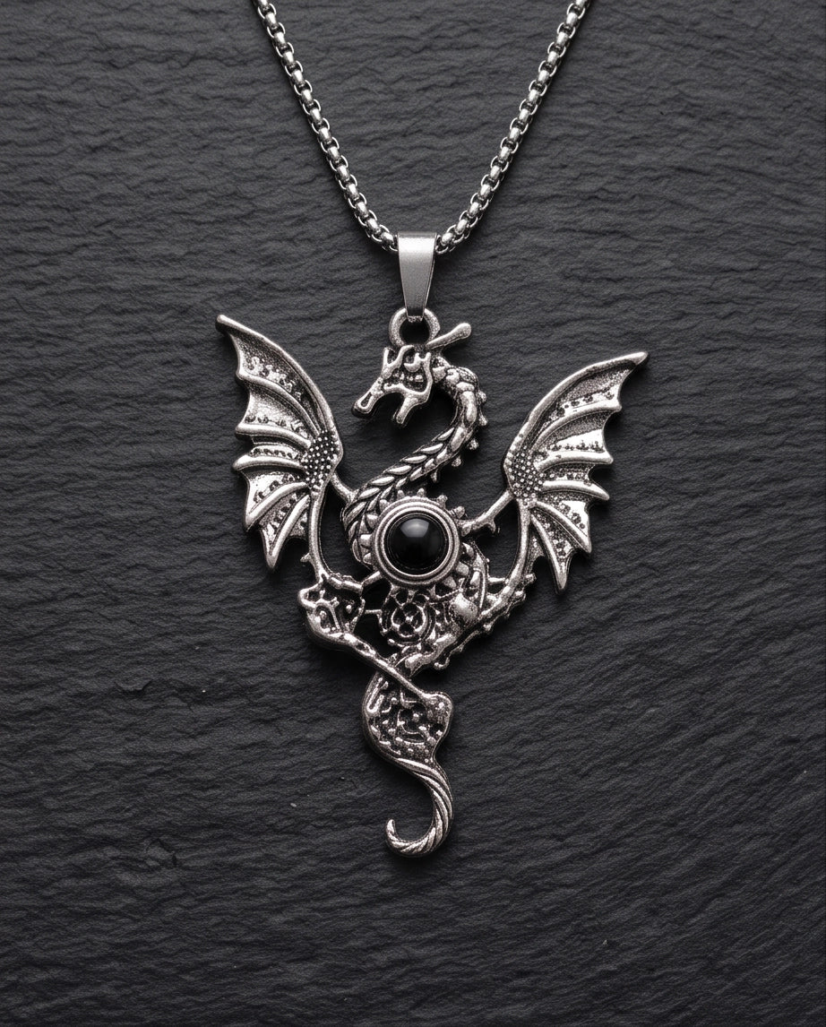 Silver Black Gemstone Dragon Pendant Necklace