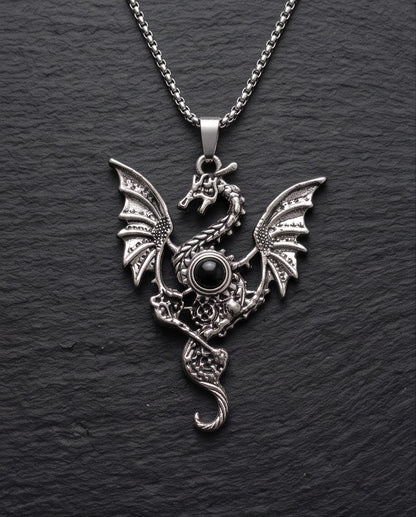 Silver Black Gemstone Dragon Pendant Necklace