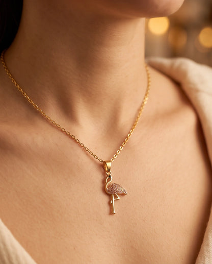 Gold Pink Crystal Paved Flamingo Pendant Necklace