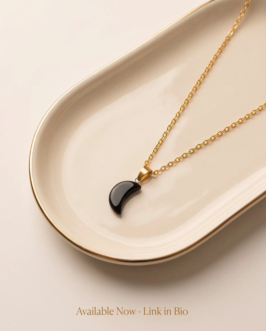 Silver Black Obsidian Crescent Moon Pendant Necklace