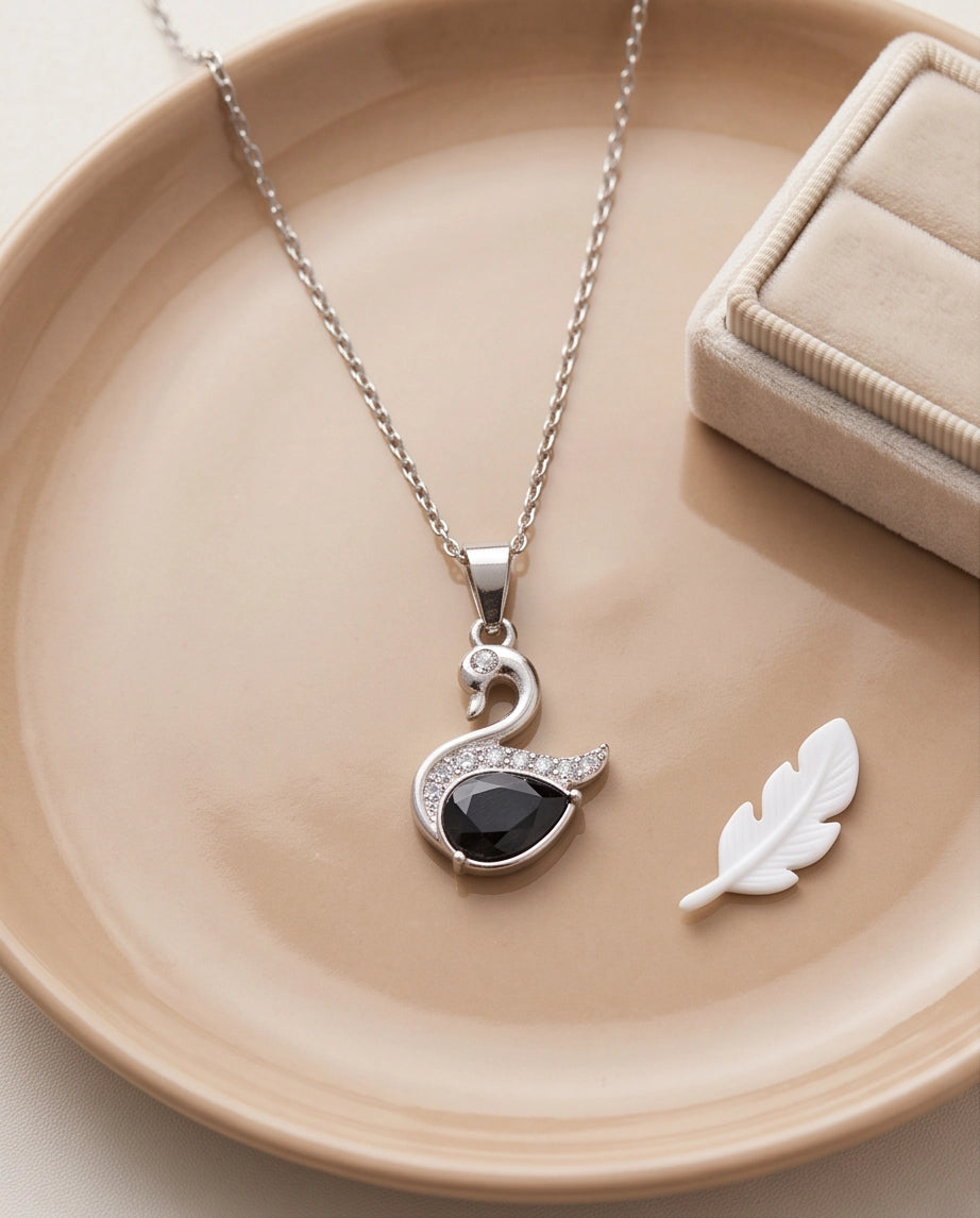 Silver Black Crystal Swan Pendant Necklace