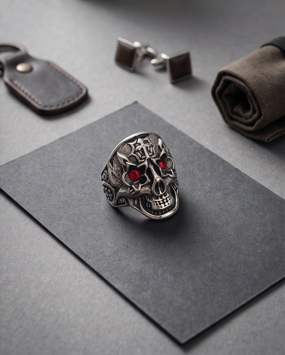 Ruby-Eyed Star-Eyed Gothic Cross Skull Silver Ring