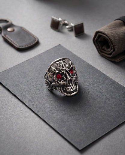 Ruby-Eyed Star-Eyed Gothic Cross Skull Silver Ring