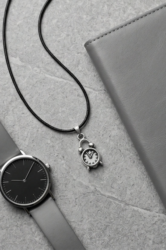 Silver Retro Alarm Clock Pendant Necklace