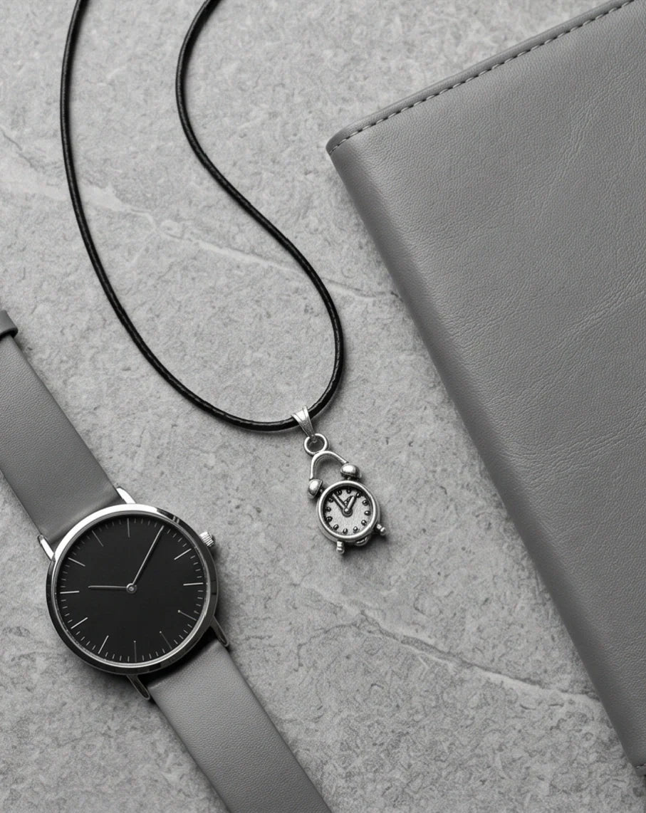 Silver Retro Alarm Clock Pendant Necklace