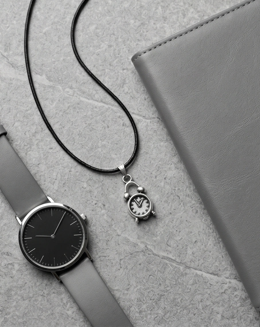 Silver Retro Alarm Clock Pendant Necklace