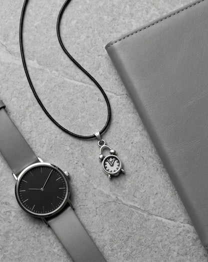 Silver Retro Alarm Clock Pendant Necklace