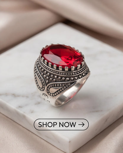 Ruby Gemstone Crown Prong Bezel Teardrop Filigree Silver Ring