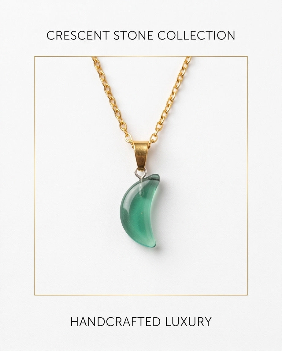 Silver Emerald Green Crescent Moon Pendant Necklace
