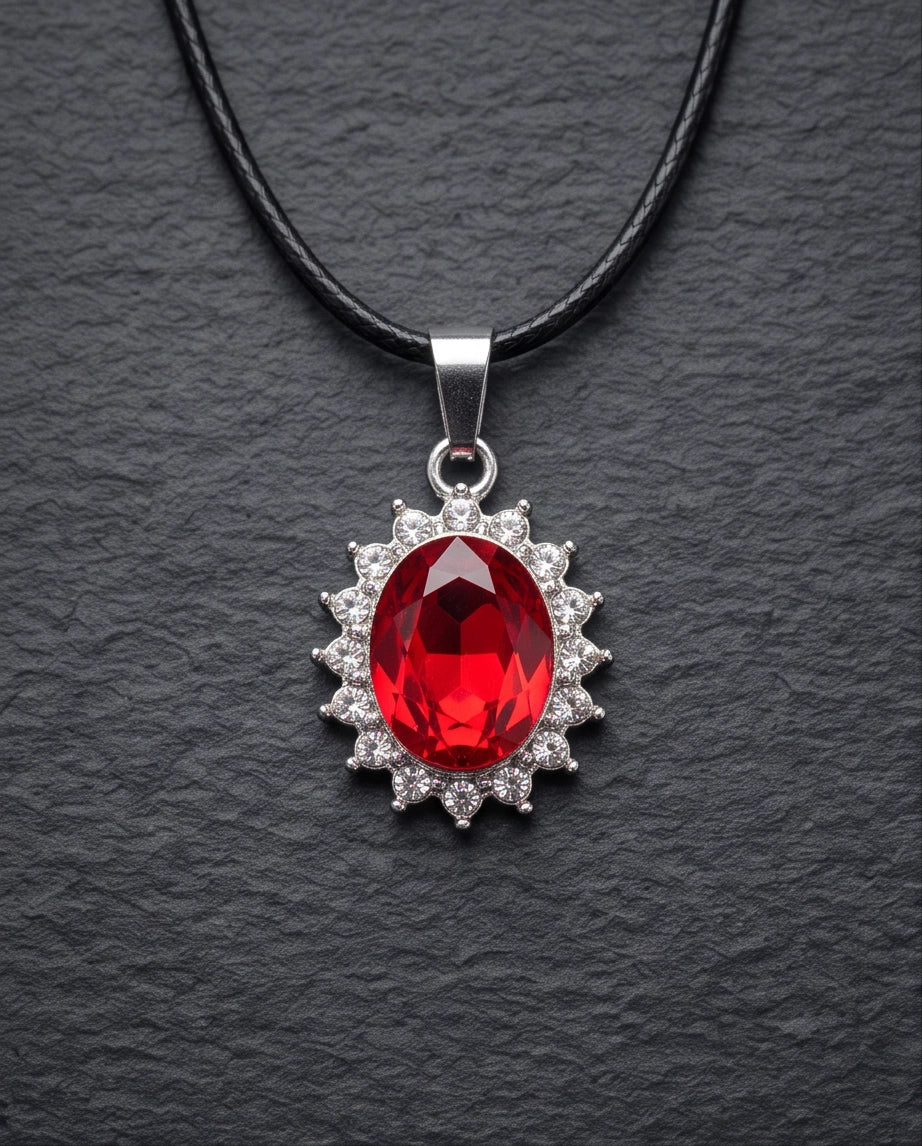 Silver Garnet Red Oval Halo Medallion Pendant Necklace