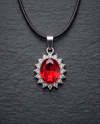 Silver Garnet Red Oval Halo Medallion Pendant Necklace
