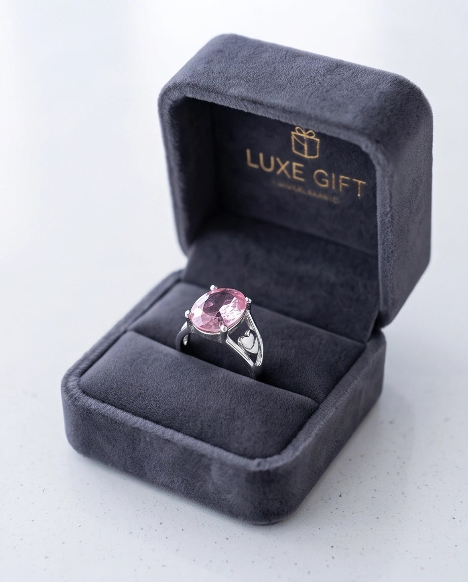 Silver Oval Pink Gemstone Heart Detail Solitaire Ring
