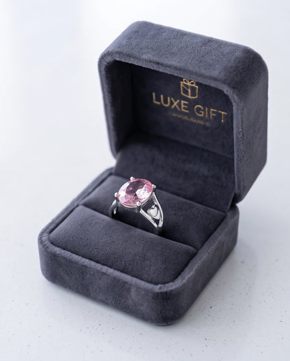 Silver Oval Pink Gemstone Heart Detail Solitaire Ring