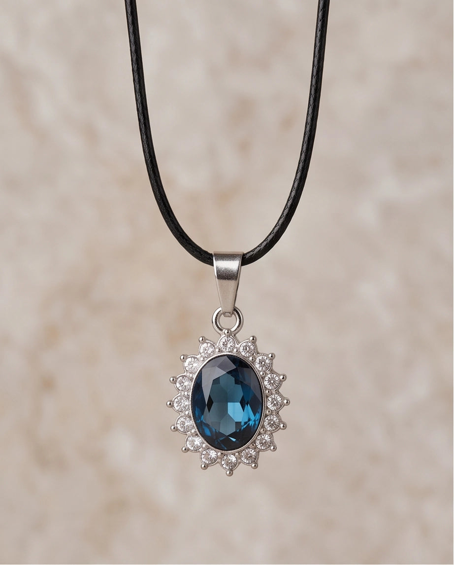 Silver London Blue Oval Halo Medallion Pendant Necklace