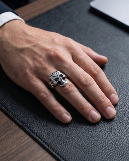 Crowned Tribal Filigree Skull Ring