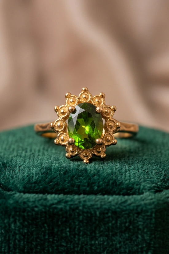 Vintage 14K Gold Oval Peridot Victorian Halo Ring