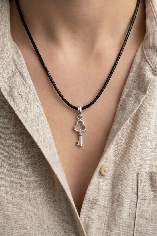 The Secret Keeper: Minimalist Silver Clover Key Pendant Necklace