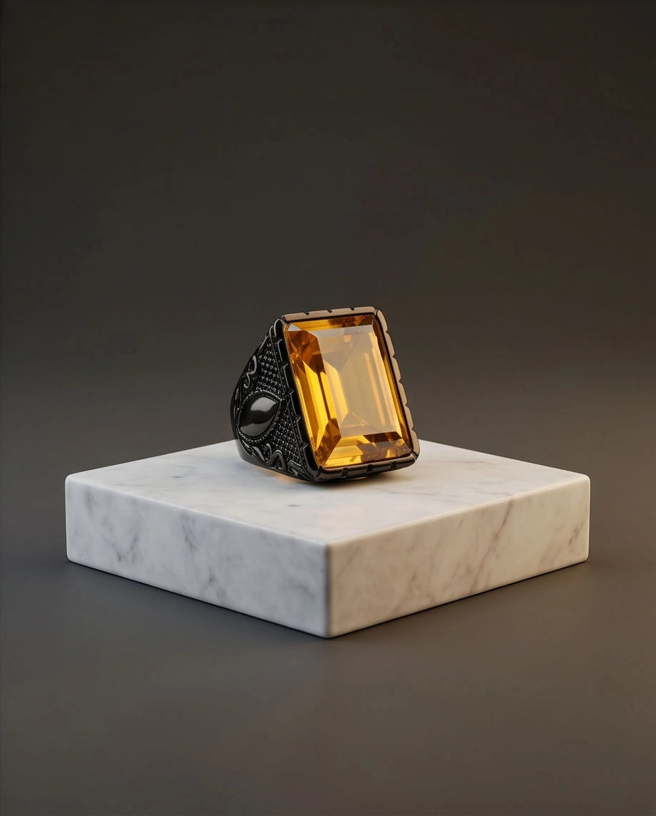 Matte Black Emerald-Cut Amber Citrine Signet Ring