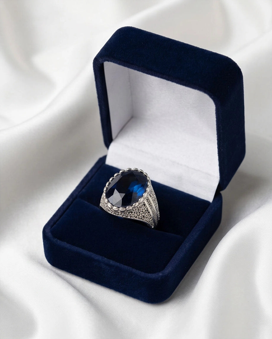 Oxidized Silver Large Oval Sapphire Filigree Signet Ring