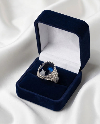 Oxidized Silver Large Oval Sapphire Filigree Signet Ring