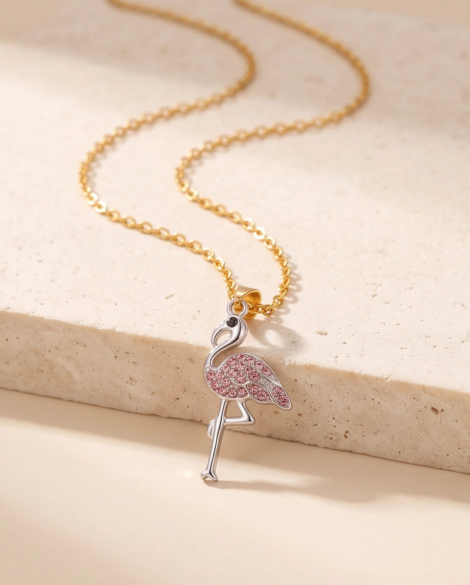 Silver Pink Crystal Paved Flamingo Pendant Necklace