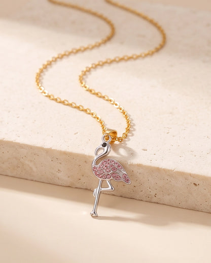Silver Pink Crystal Paved Flamingo Pendant Necklace