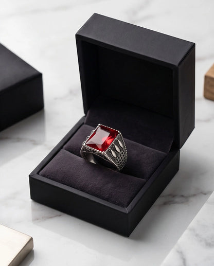 Oxidized Silver Emerald-Cut Garnet Textured Signet Ring