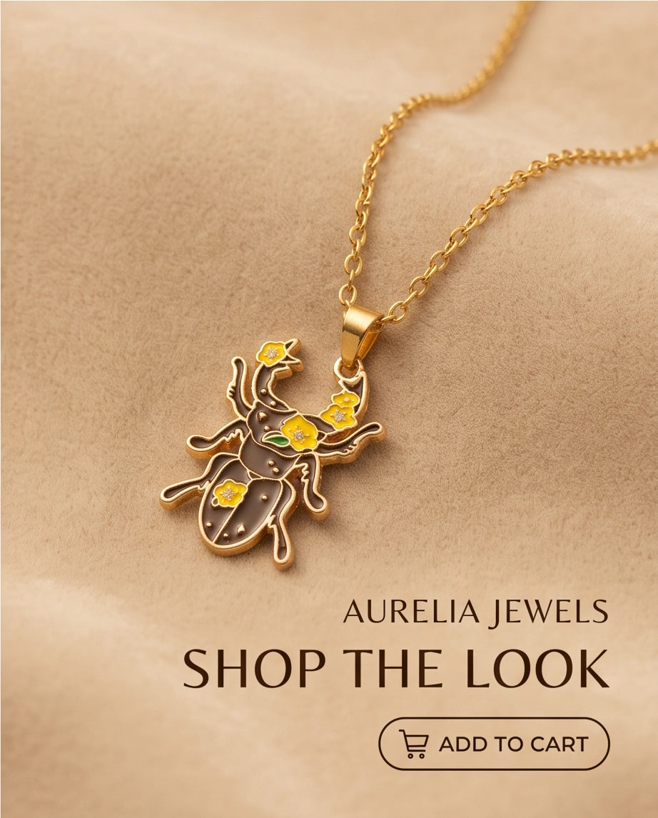 Gold Floral Stag Beetle Enamel Chain Necklace