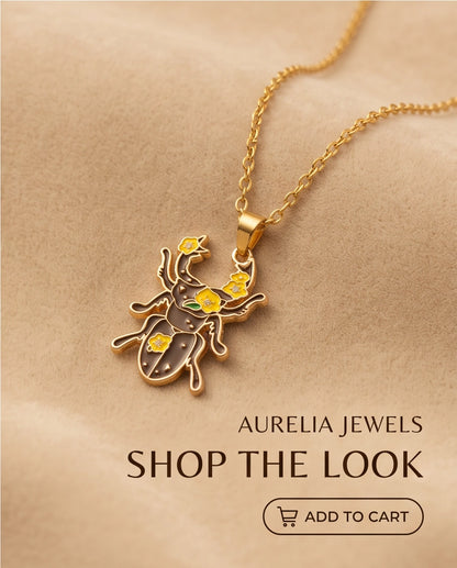 Gold Floral Stag Beetle Enamel Chain Necklace