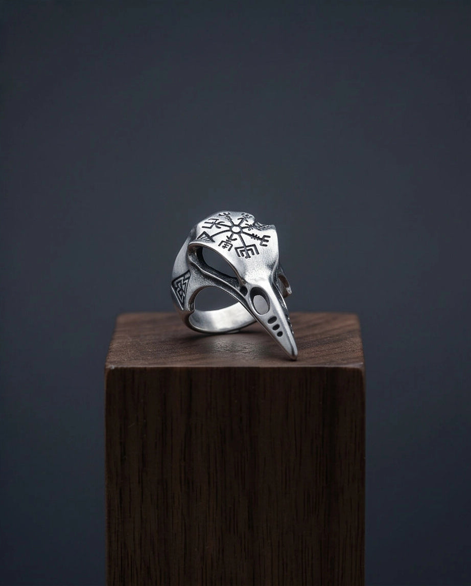 Oxidized Silver Raven Skull Vegvisir Ring
