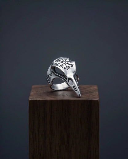 Oxidized Silver Raven Skull Vegvisir Ring