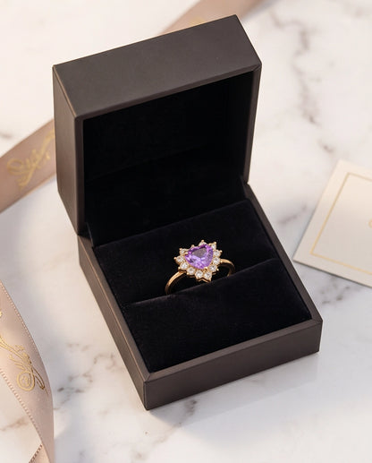 Gold Purple Heart Gemstone Halo Ring