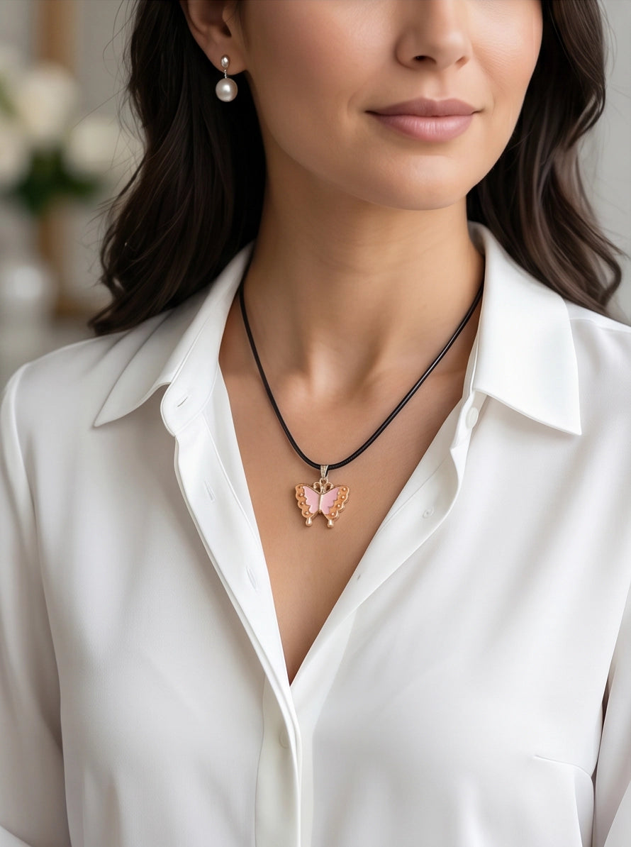 Pink & Peach Enamel Butterfly Pendant Necklace