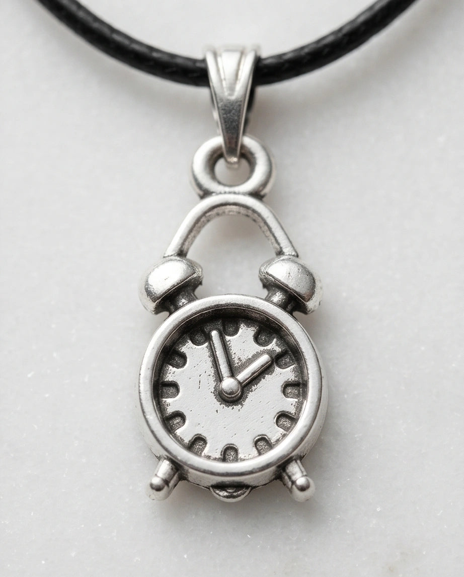 Silver Retro Alarm Clock Pendant Necklace