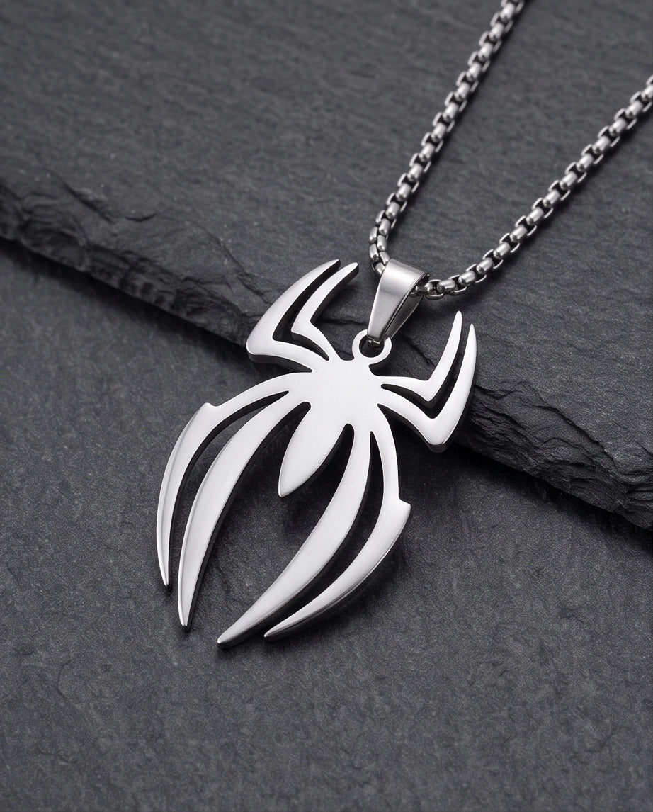 Silver Tribal Spider Emblem Pendant Necklace