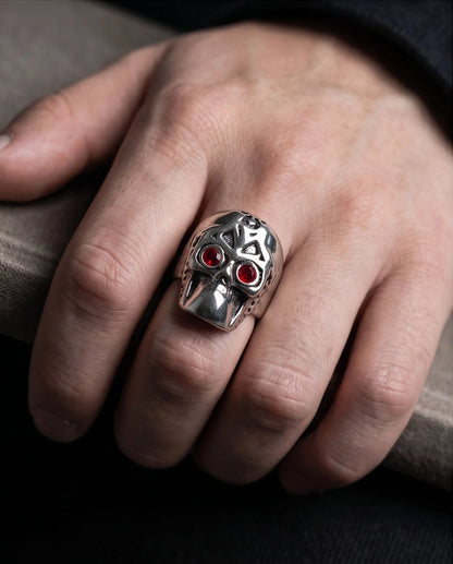 Ruby-Eyed Mechanical Mask Skull Ring