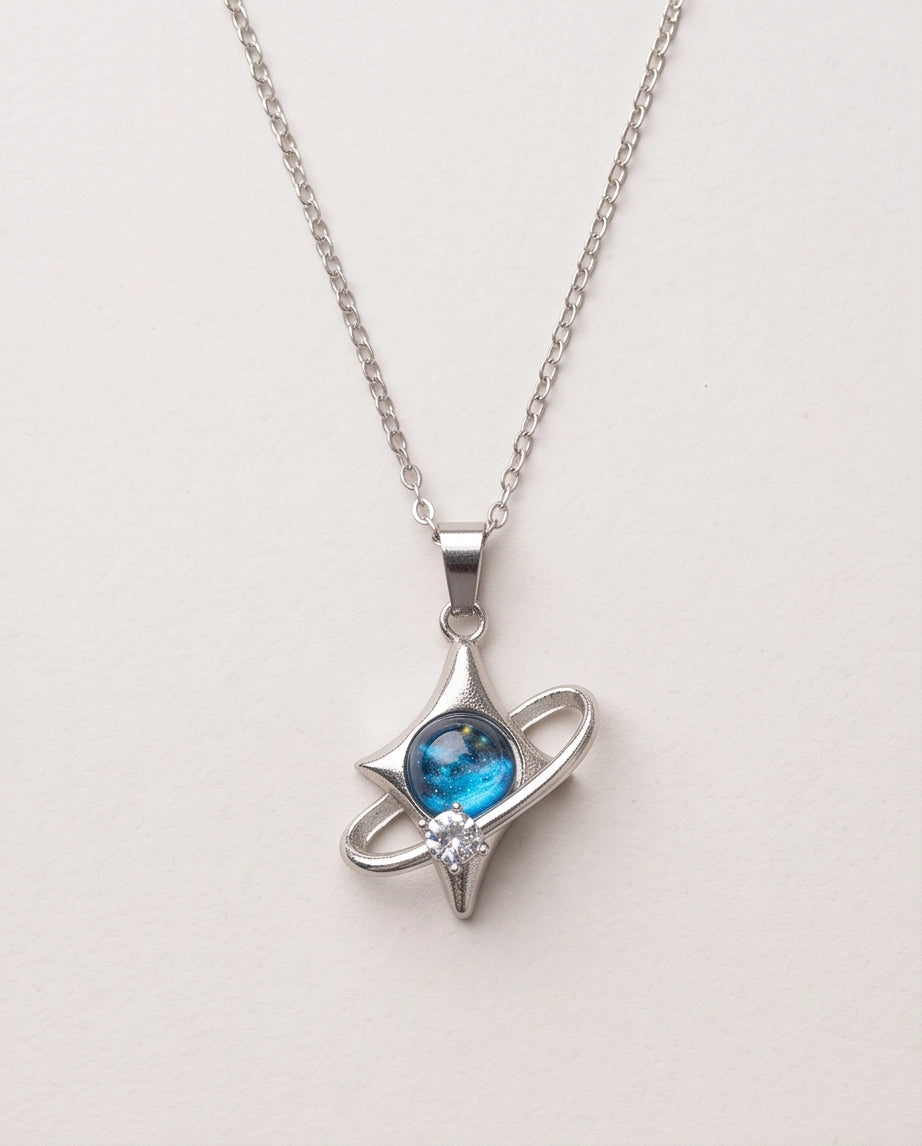 Silver Cosmic Four-Point Star Planet Ring Pendant Necklace