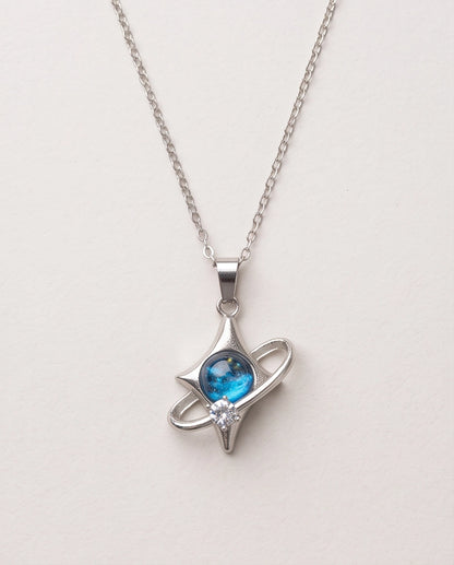 Silver Cosmic Four-Point Star Planet Ring Pendant Necklace