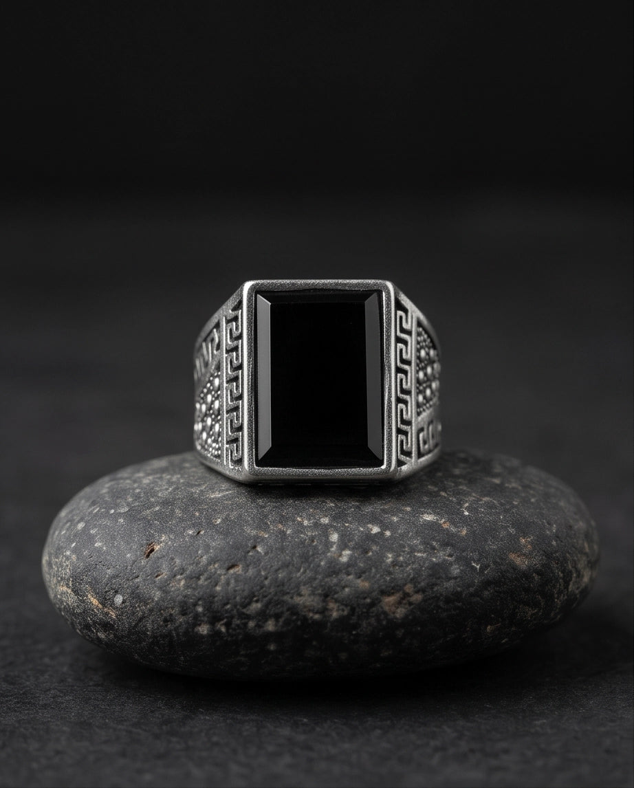Onyx Gemstone Rectangular Flat-Top Greek Key Silver Ring