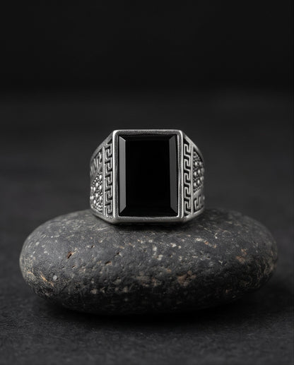 Onyx Gemstone Rectangular Flat-Top Greek Key Silver Ring