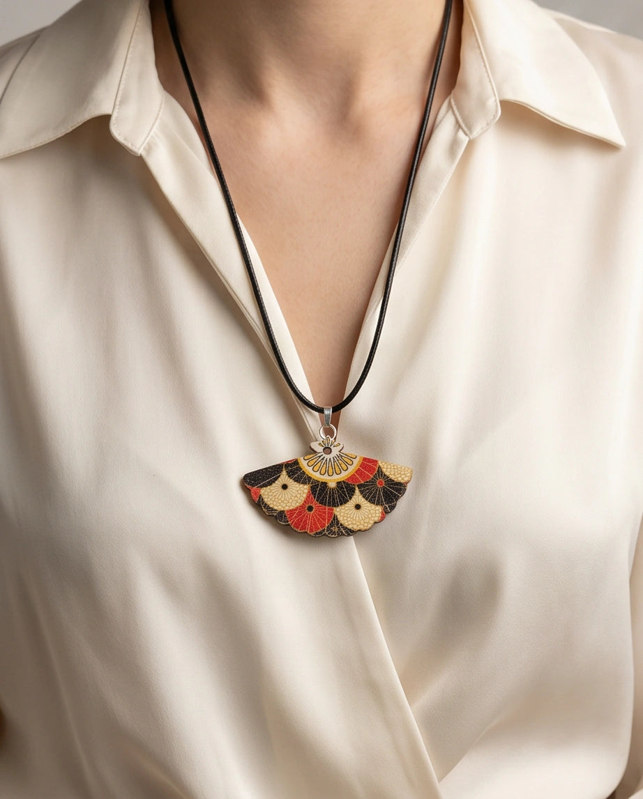 Vintage Geometric Kimono Hand-Fan Pendant Necklace