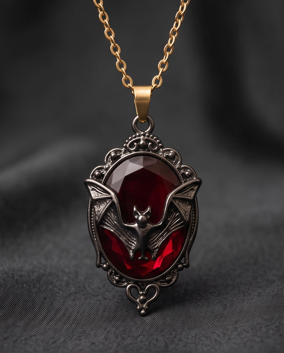Antique Silver Gothic Bat Dark Red Enamel Medallion Chain Necklace