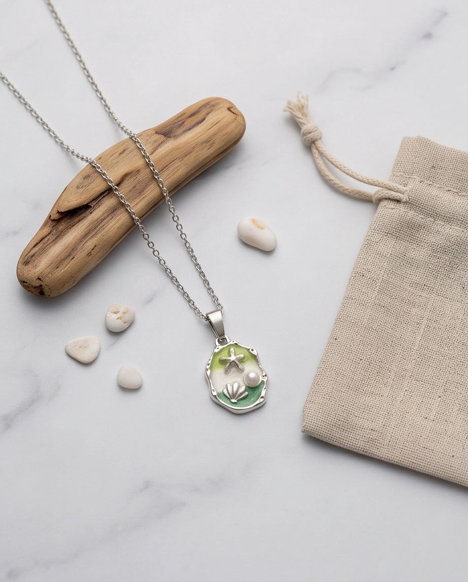 Silver Green Seashell Starfish Pearl Enamel Medallion Chain Necklace